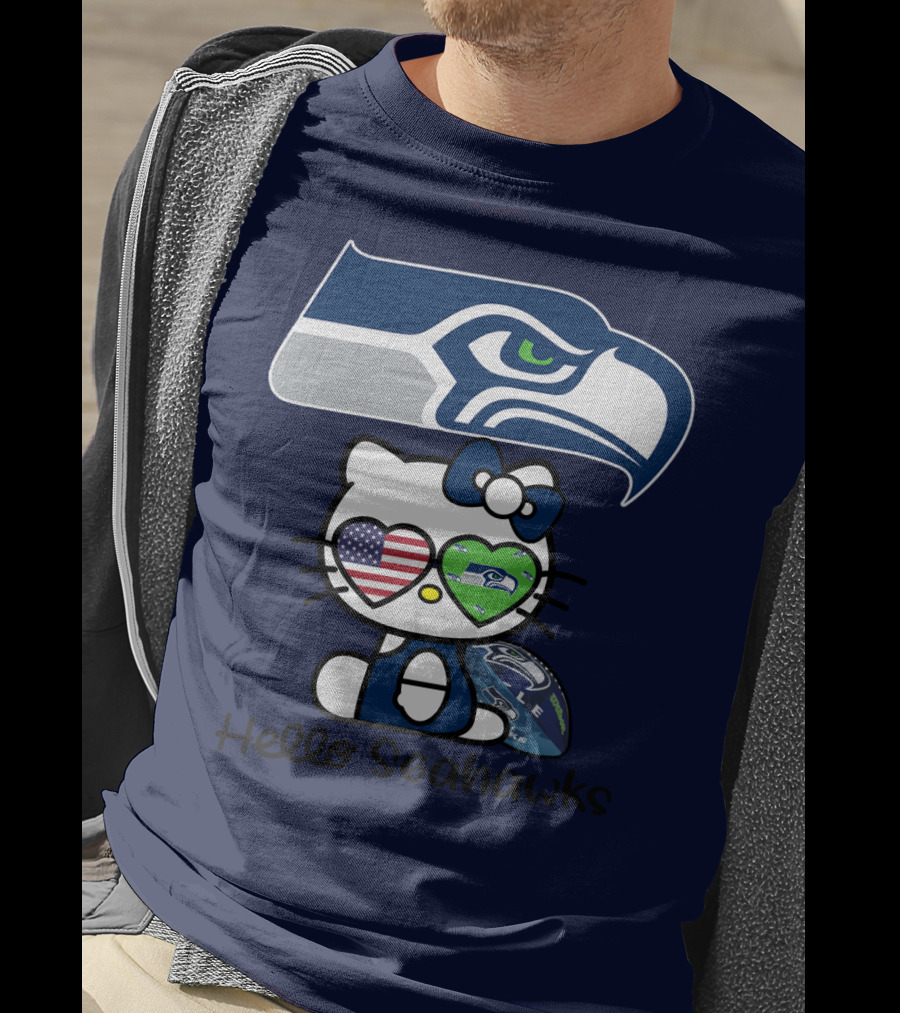 Seattle Seahawks Hello Kitty With Heart Eyes American Flag T-Shirt