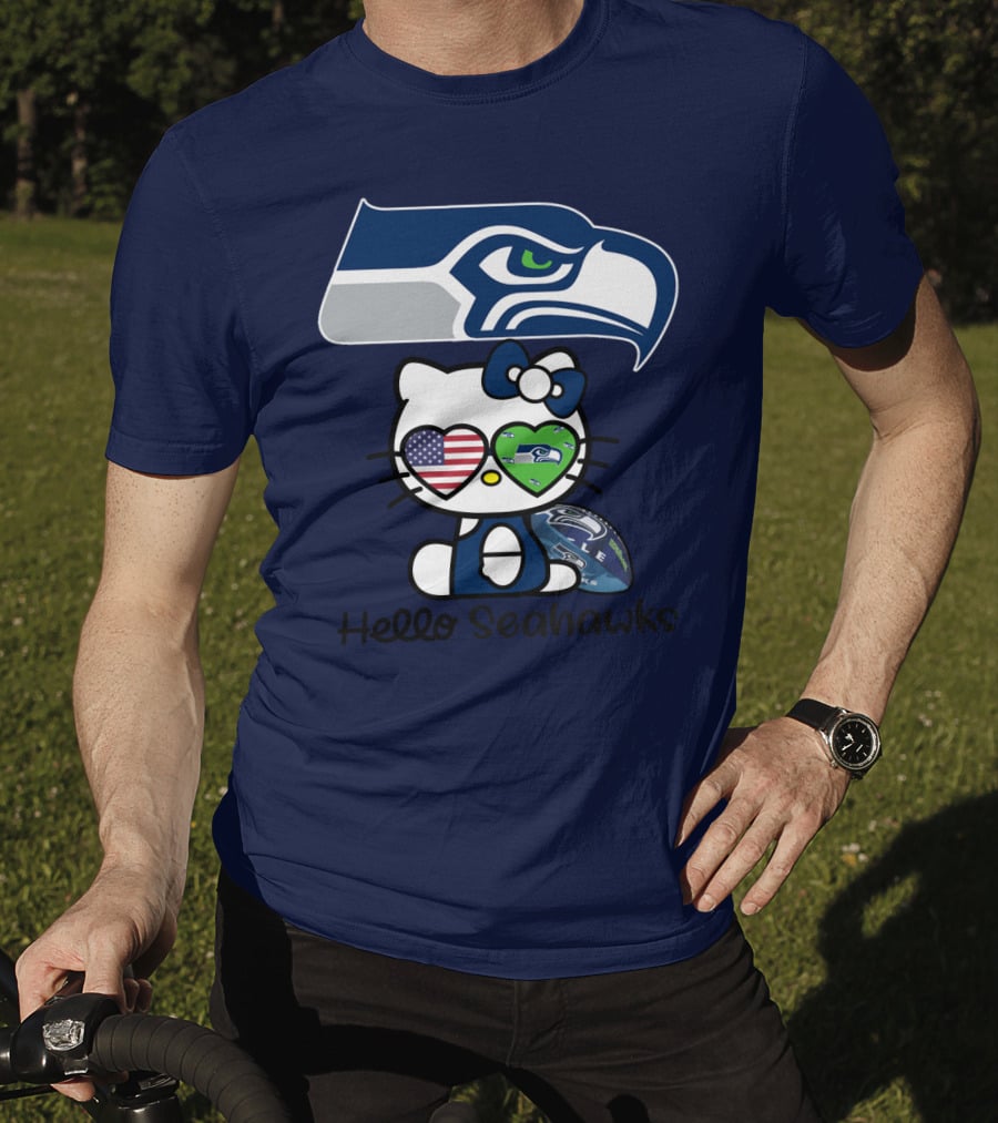 Seattle Seahawks Hello Kitty With Heart Eyes American Flag T-Shirt