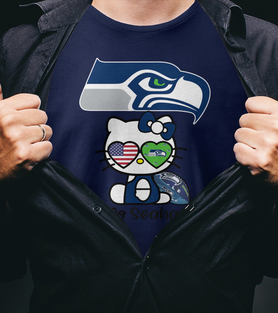 Seattle Seahawks Hello Kitty With Heart Eyes American Flag T-Shirt