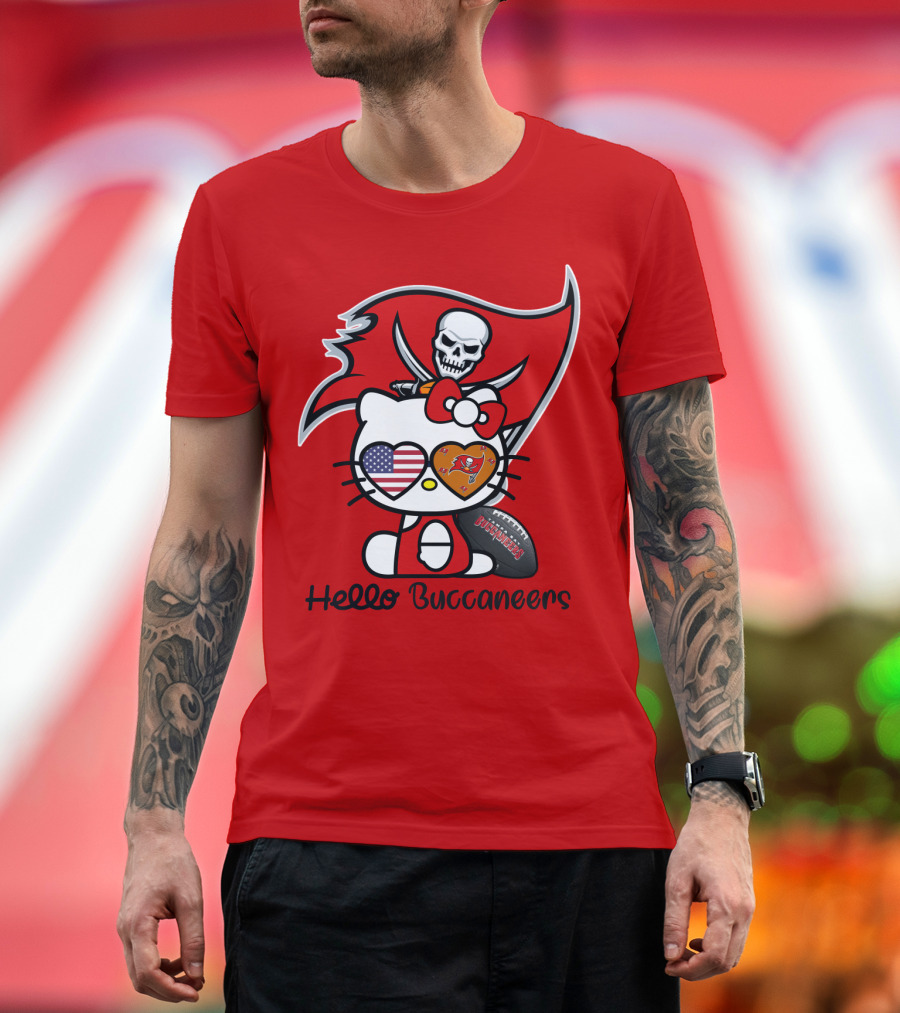 Hello Buccaneers Tampa Bay Buccaneers Football Skull Flag Kitty T-Shirt