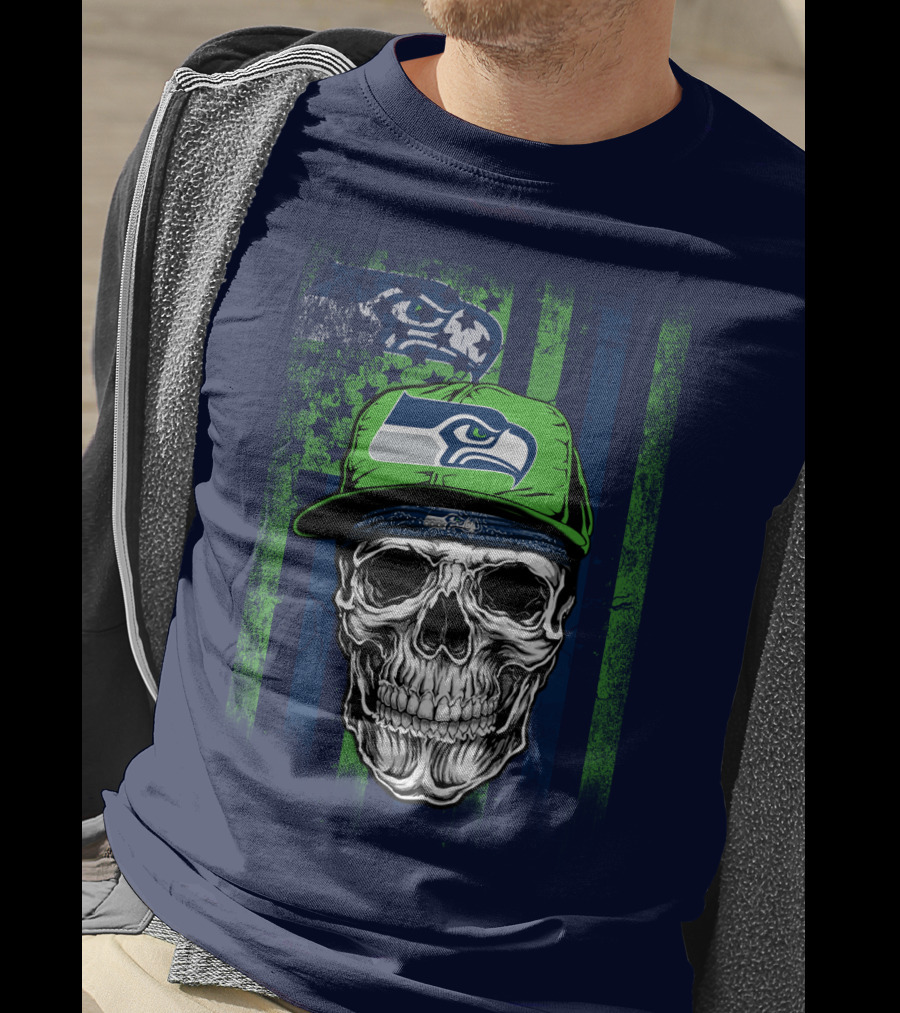 Seattle Seahawks Skull Cap Logo Grunge Style T-Shirt