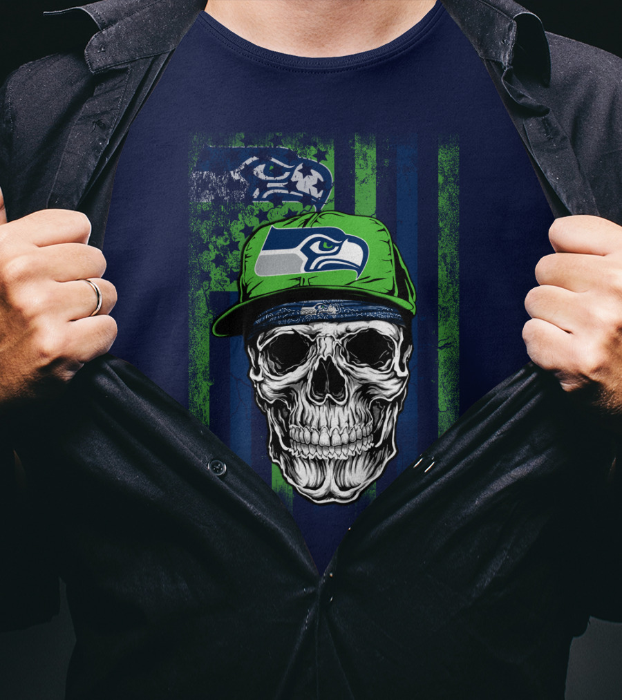 Seattle Seahawks Skull Cap Logo Grunge Style T-Shirt