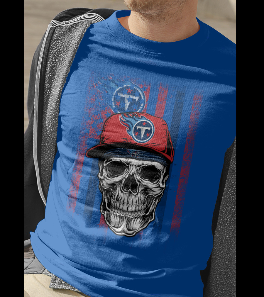 Tennessee Titans Skull With Cap Logo And Stripes T-Shirt