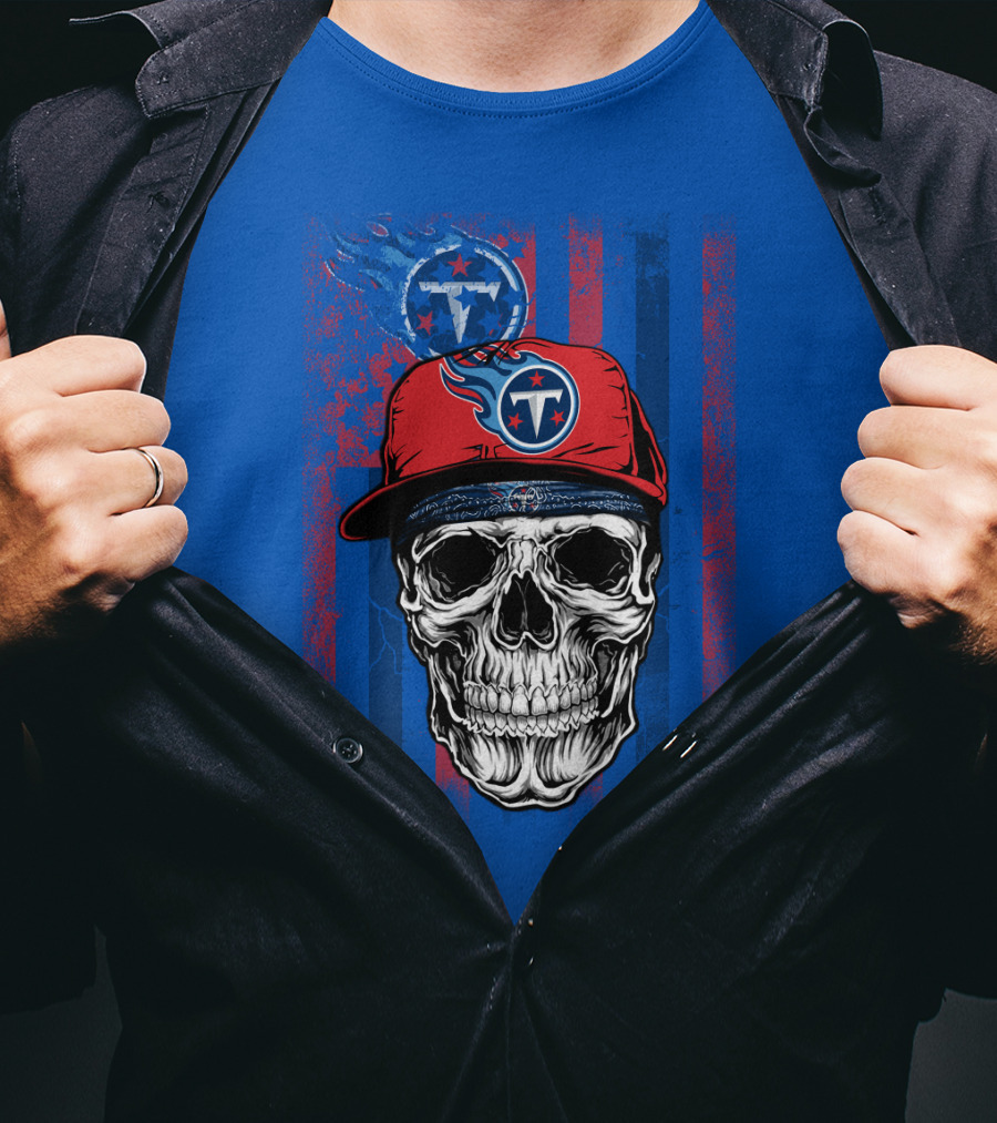 Tennessee Titans Skull With Cap Logo And Stripes T-Shirt