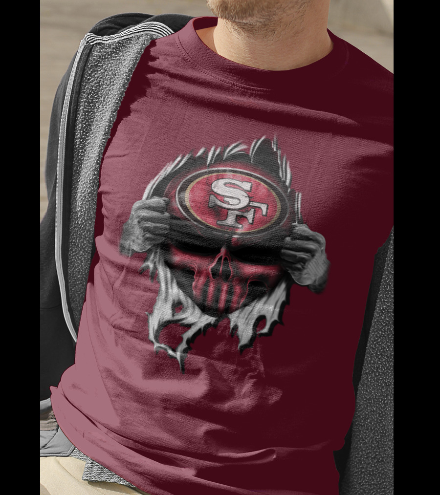 San Francisco 49ers Skull Sf Emblem Red Torn T-Shirt