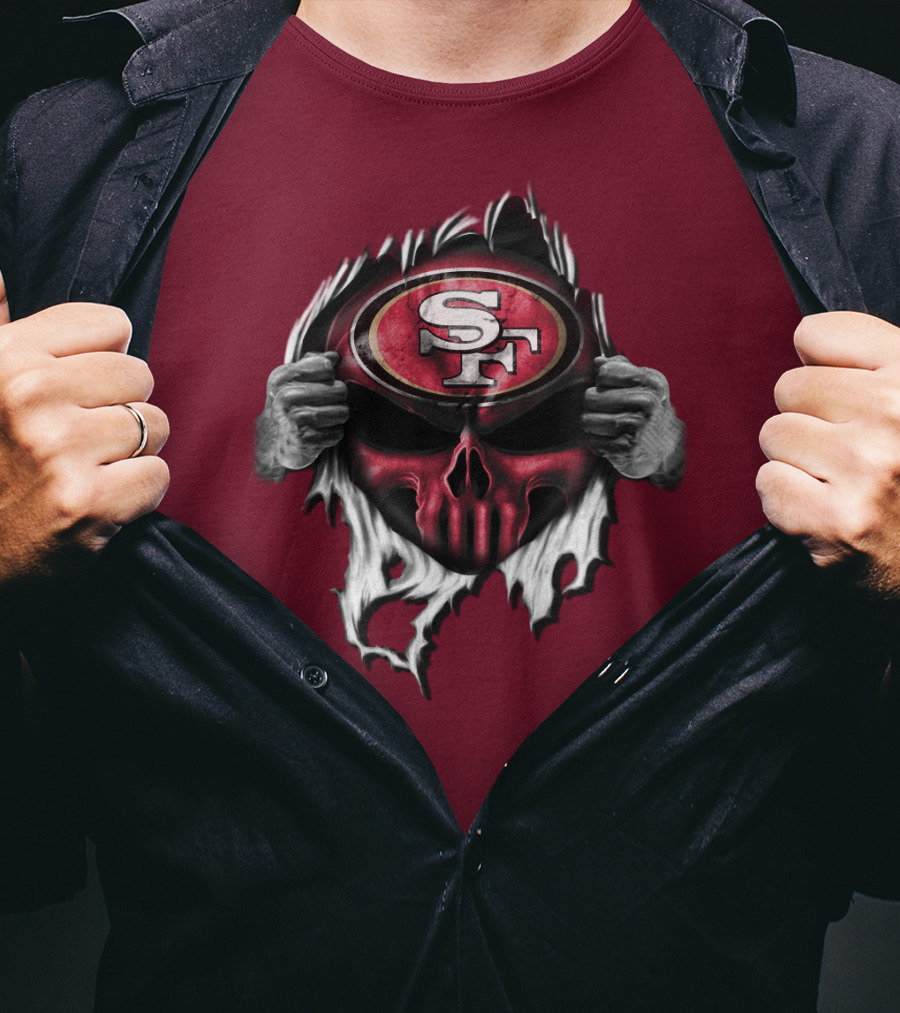 San Francisco 49ers Skull Sf Emblem Red Torn T-Shirt