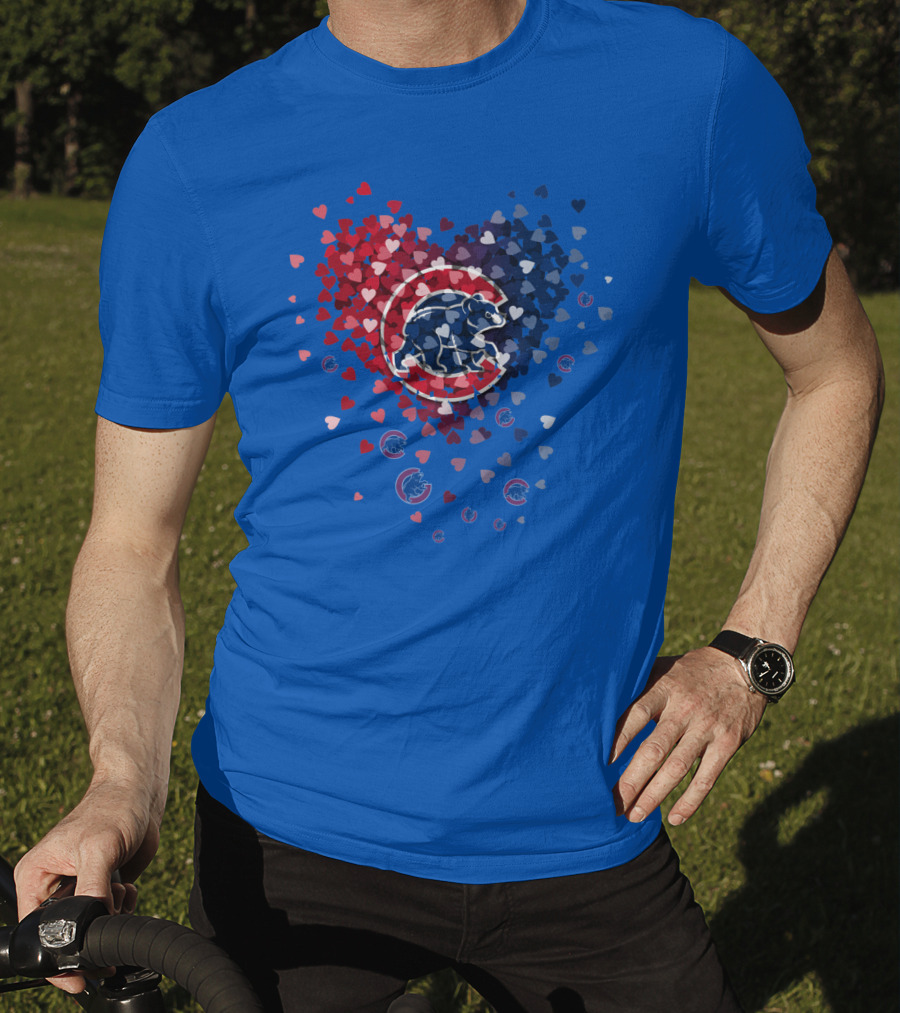 Chicago Cubs Heart Pattern With Bear Logo And Hearts In Red White And Blue T-Shirt