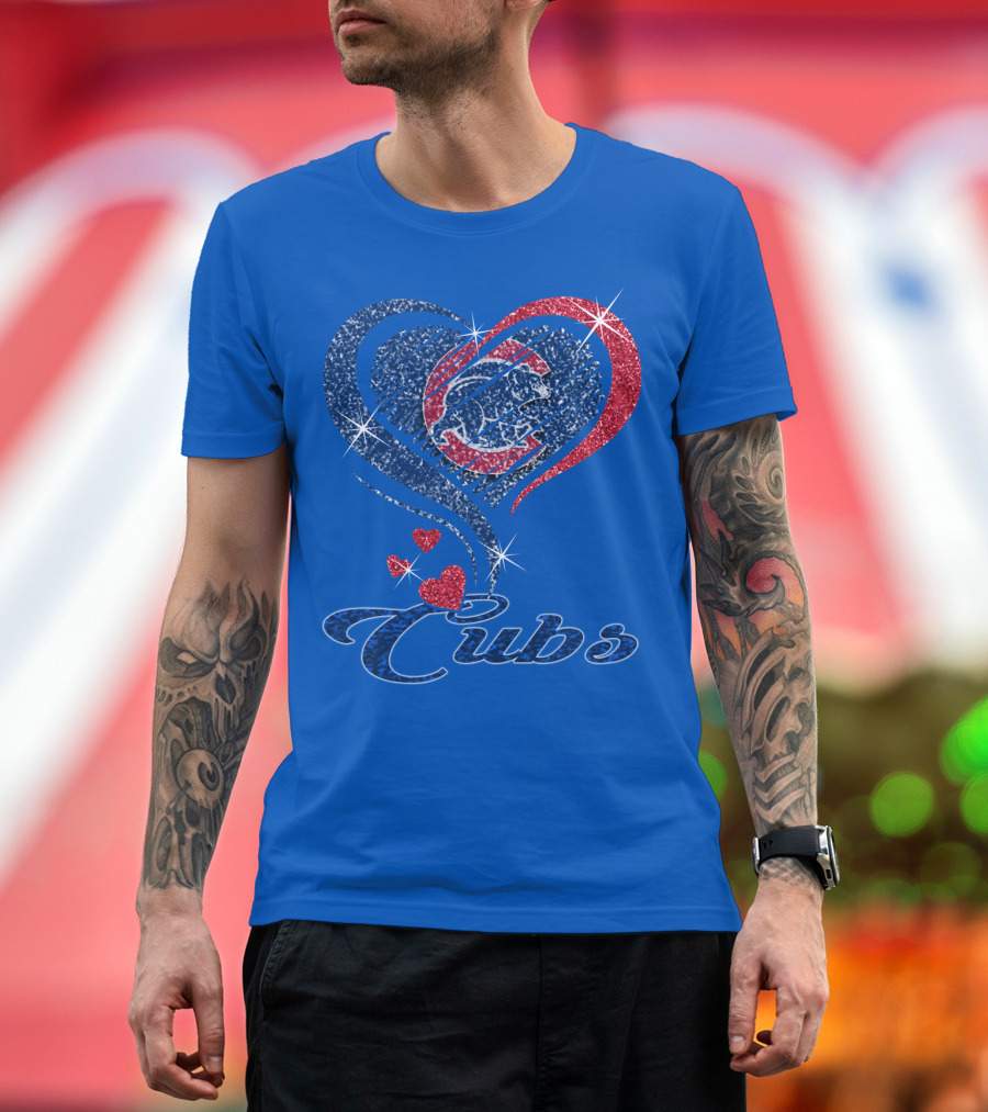 Cubs Sparkling Heart With Chicago Cubs Bear T-Shirt