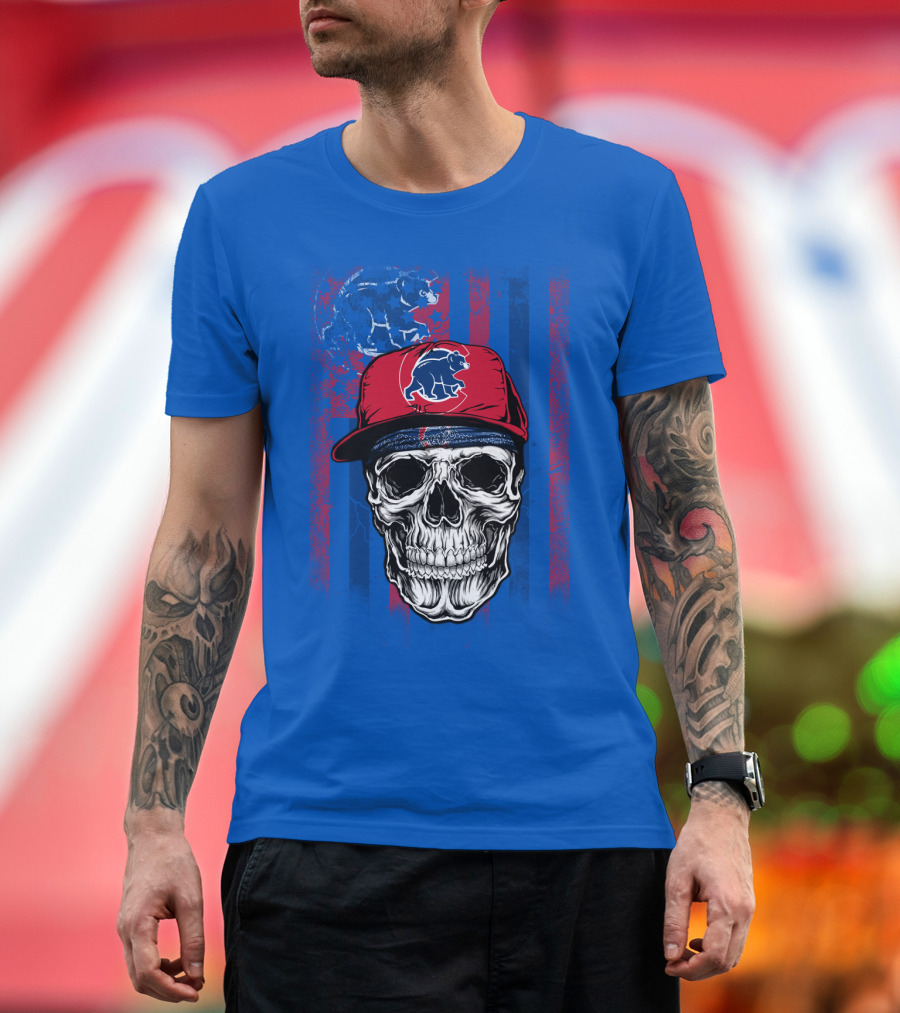 Chicago Cubs Skull With Bear And Cap On Blue T-Shirt