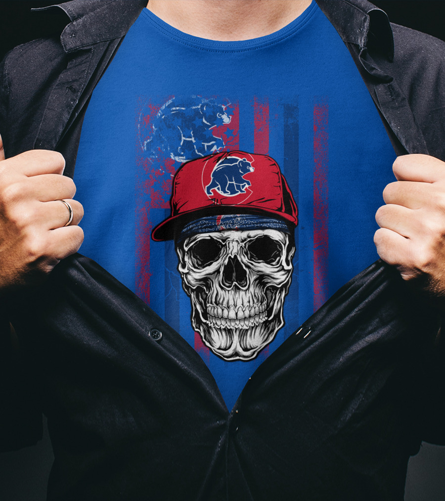Chicago Cubs Skull With Bear And Cap On Blue T-Shirt