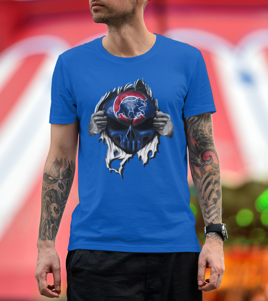 Chicago Cubs Skull Logo With Bear And Red Circle On Blue T-Shirt