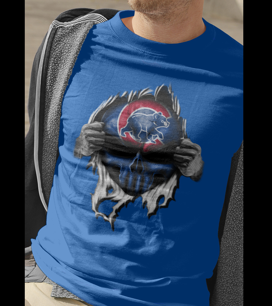 Chicago Cubs Skull Logo With Bear And Red Circle On Blue T-Shirt