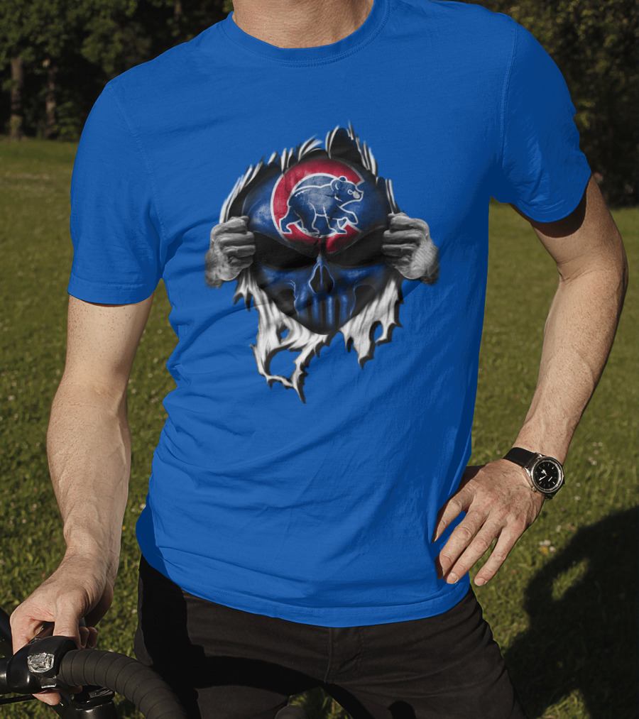 Chicago Cubs Skull Logo With Bear And Red Circle On Blue T-Shirt