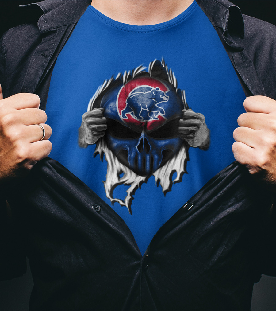 Chicago Cubs Skull Logo With Bear And Red Circle On Blue T-Shirt