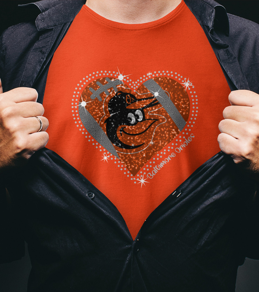 Baltimore Orioles Sparkling Heart And Baseball T-Shirt