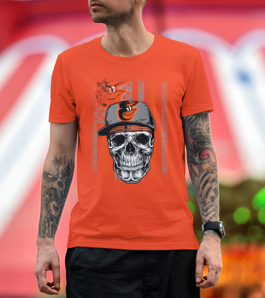 Baltimore Orioles Skull With Cap On Orange T-Shirt
