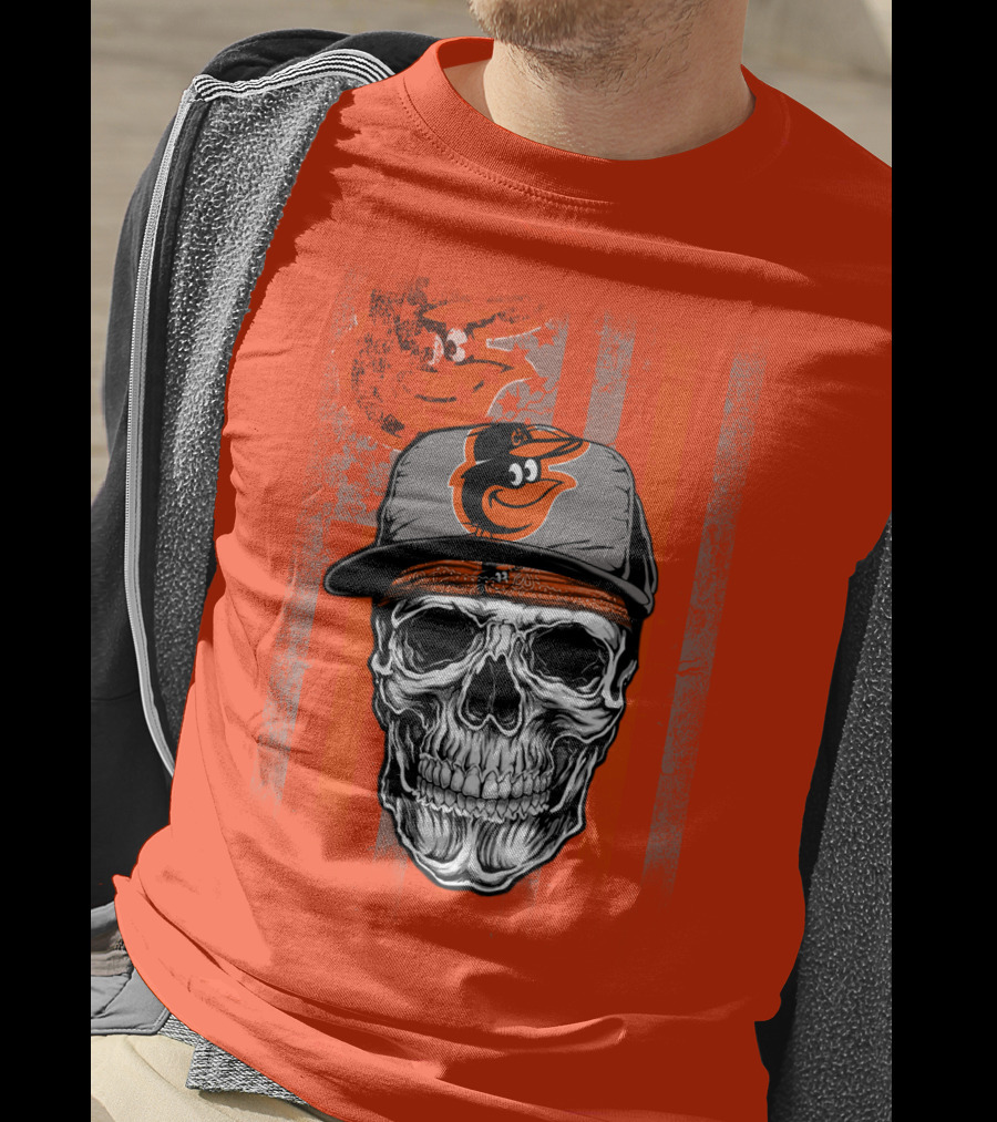 Baltimore Orioles Skull With Cap On Orange T-Shirt