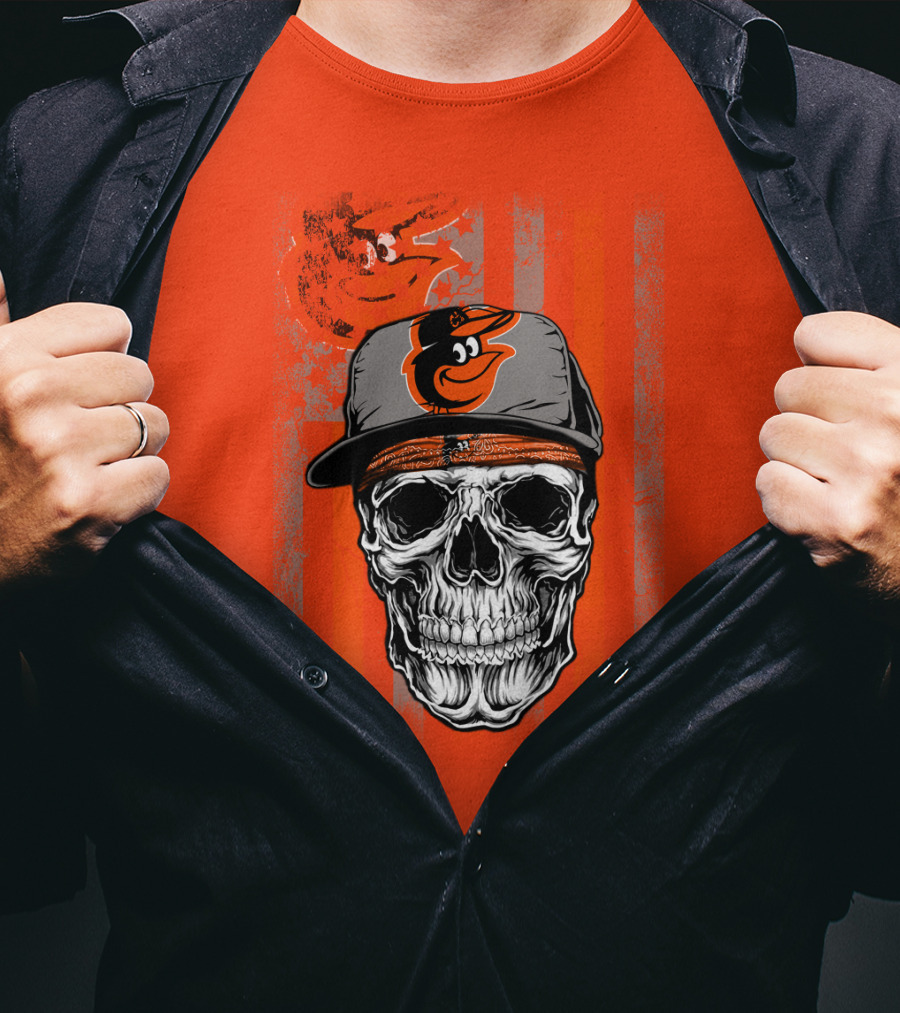 Baltimore Orioles Skull With Cap On Orange T-Shirt