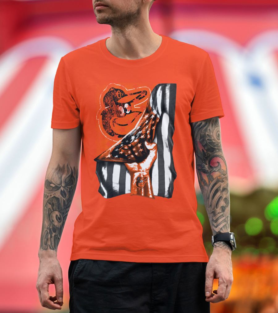 Baltimore Orioles American Flag Fist Logo On Orange T-Shirt