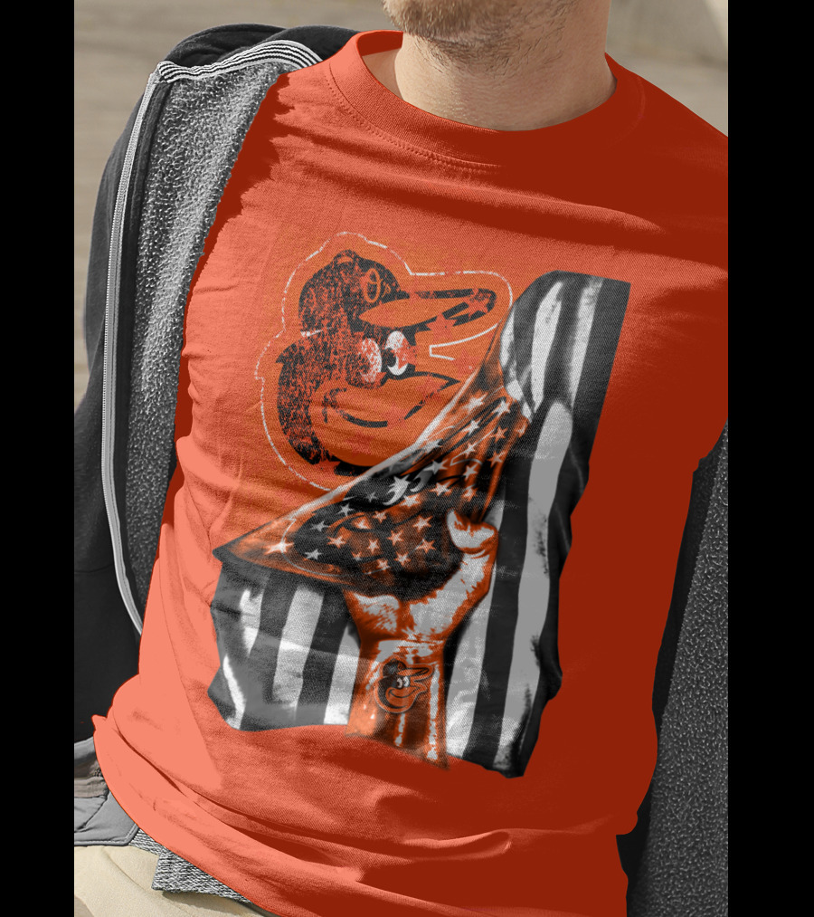 Baltimore Orioles American Flag Fist Logo On Orange T-Shirt