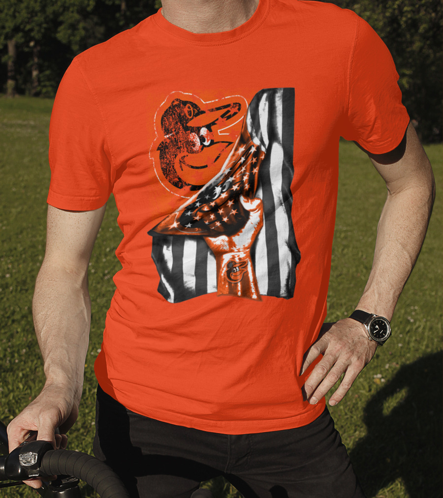 Baltimore Orioles American Flag Fist Logo On Orange T-Shirt