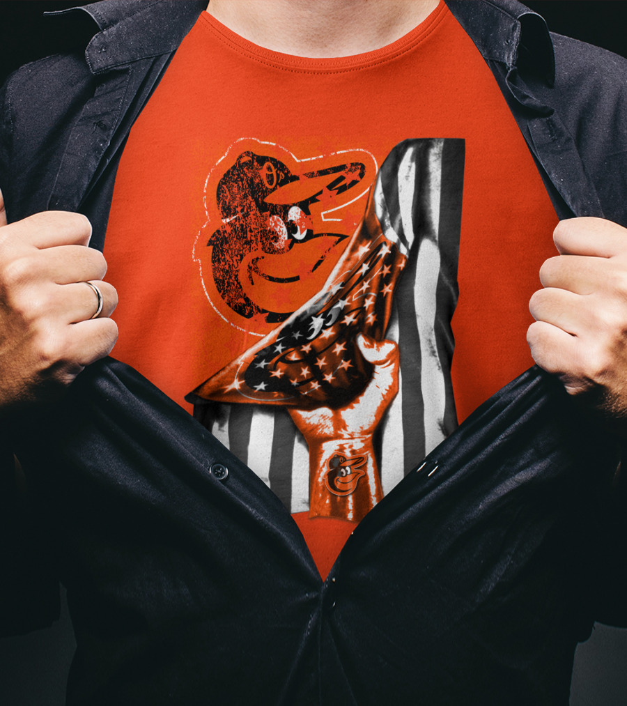 Baltimore Orioles American Flag Fist Logo On Orange T-Shirt