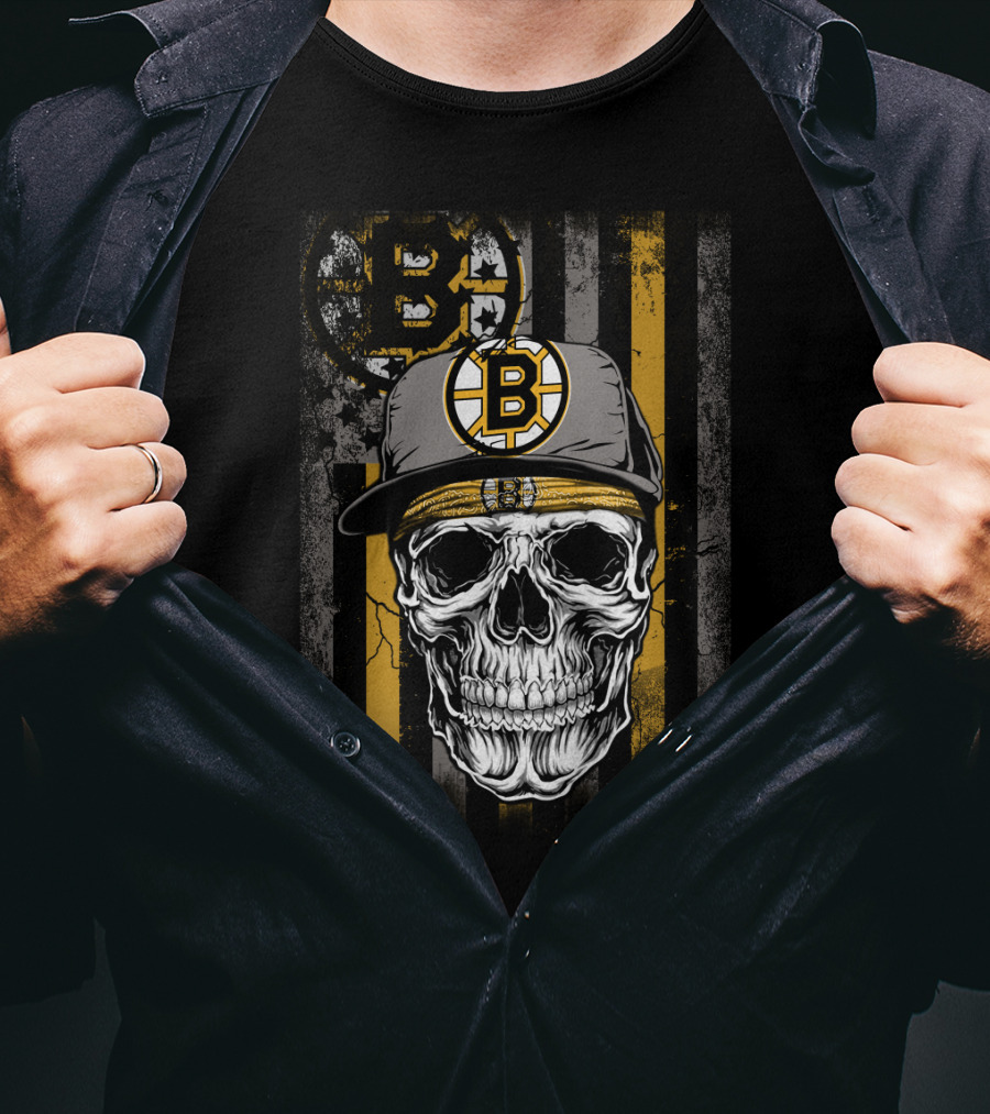 Boston Bruins Skull With Hat And Stripes T-Shirt