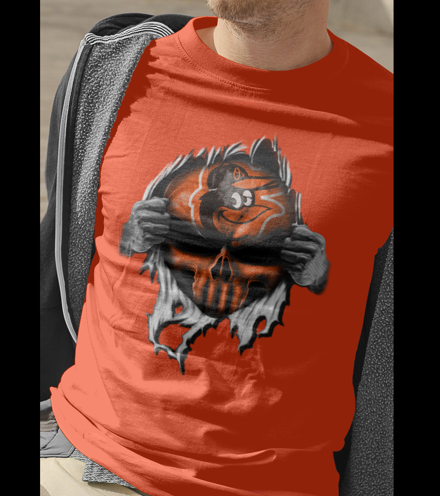 Baltimore Orioles Skull Logo Halloween Rip Effect T-Shirt
