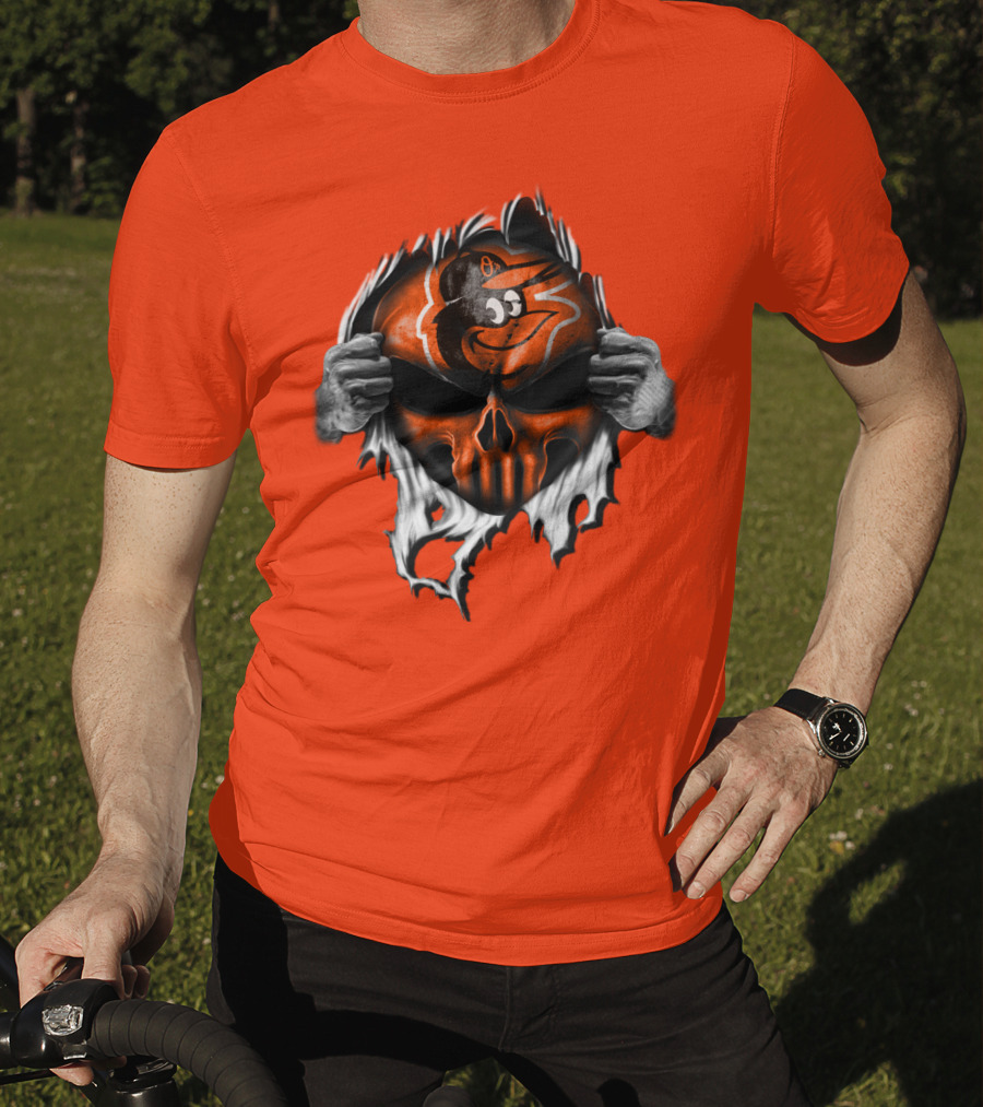 Baltimore Orioles Skull Logo Halloween Rip Effect T-Shirt