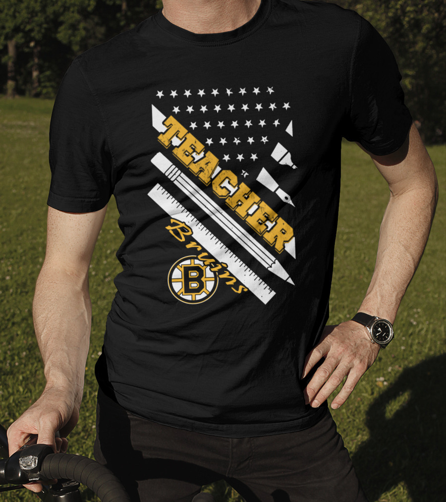 Boston Bruins Teacher American Flag Ruler Pencil Pen Stars T-Shirt
