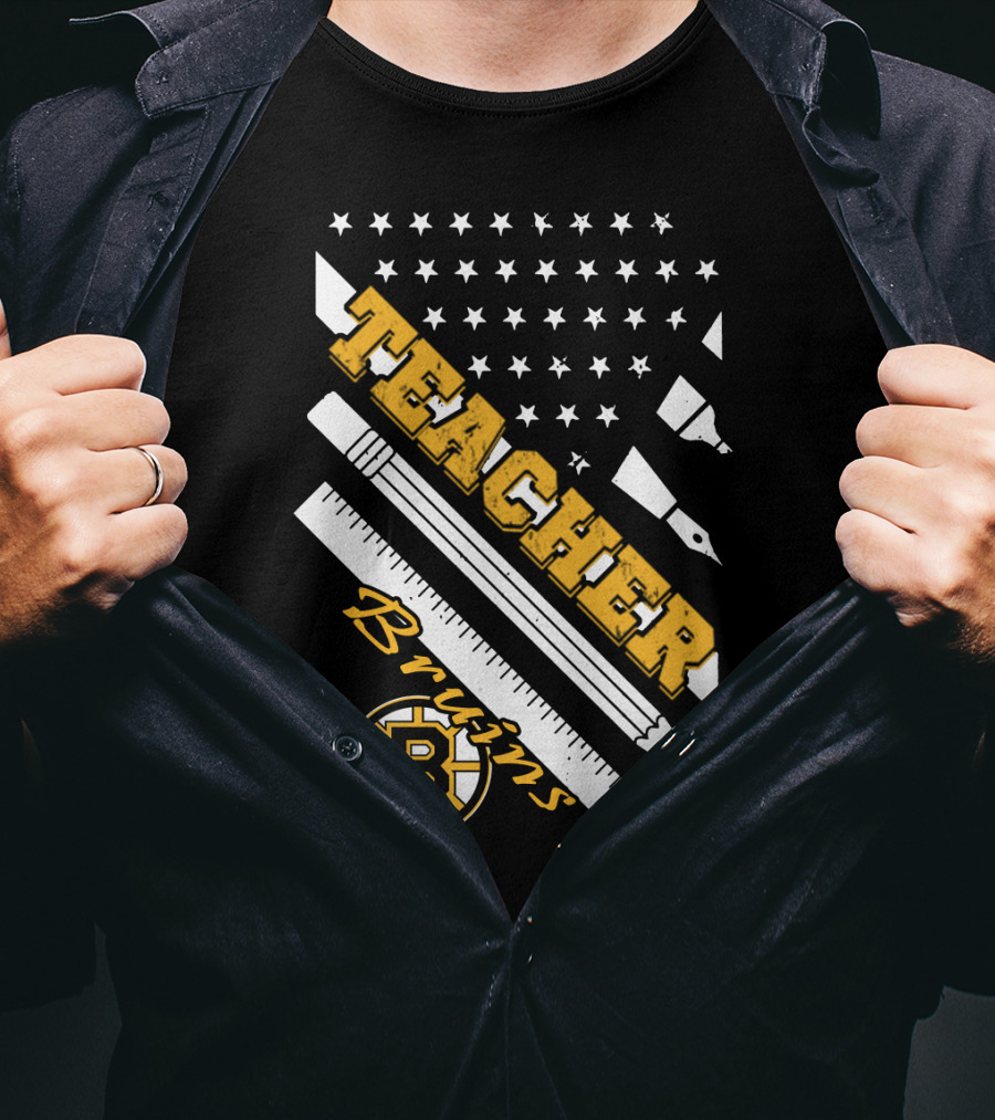 Boston Bruins Teacher American Flag Ruler Pencil Pen Stars T-Shirt