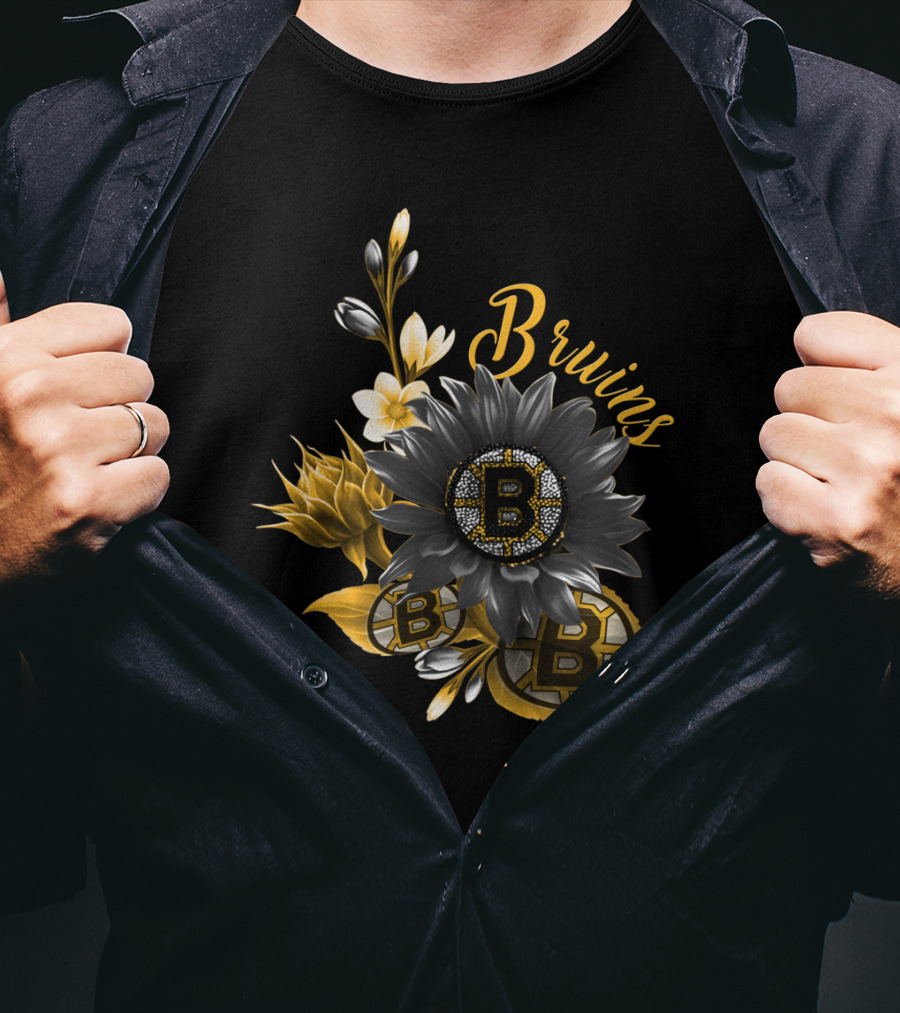 Boston Bruins Floral Logo Design With Yellow Flowers And Black T-Shirt