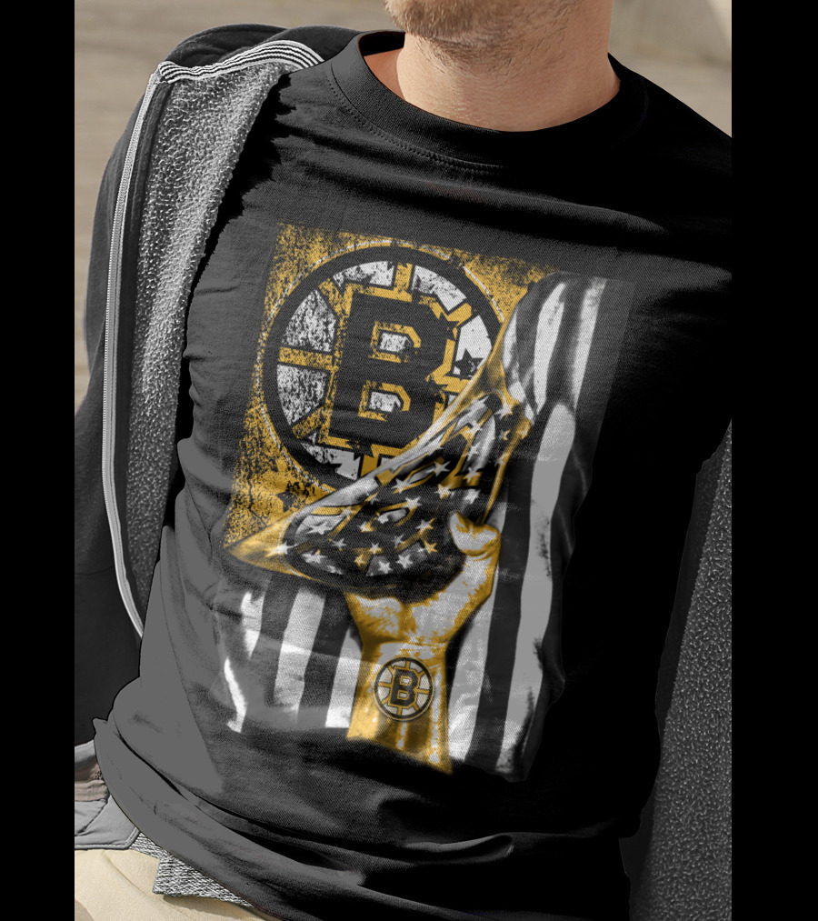 Boston Bruins American Flag Hand Emblem Black And Gold Burst T-Shirt