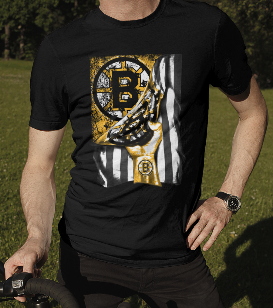 Boston Bruins American Flag Hand Emblem Black And Gold Burst T-Shirt