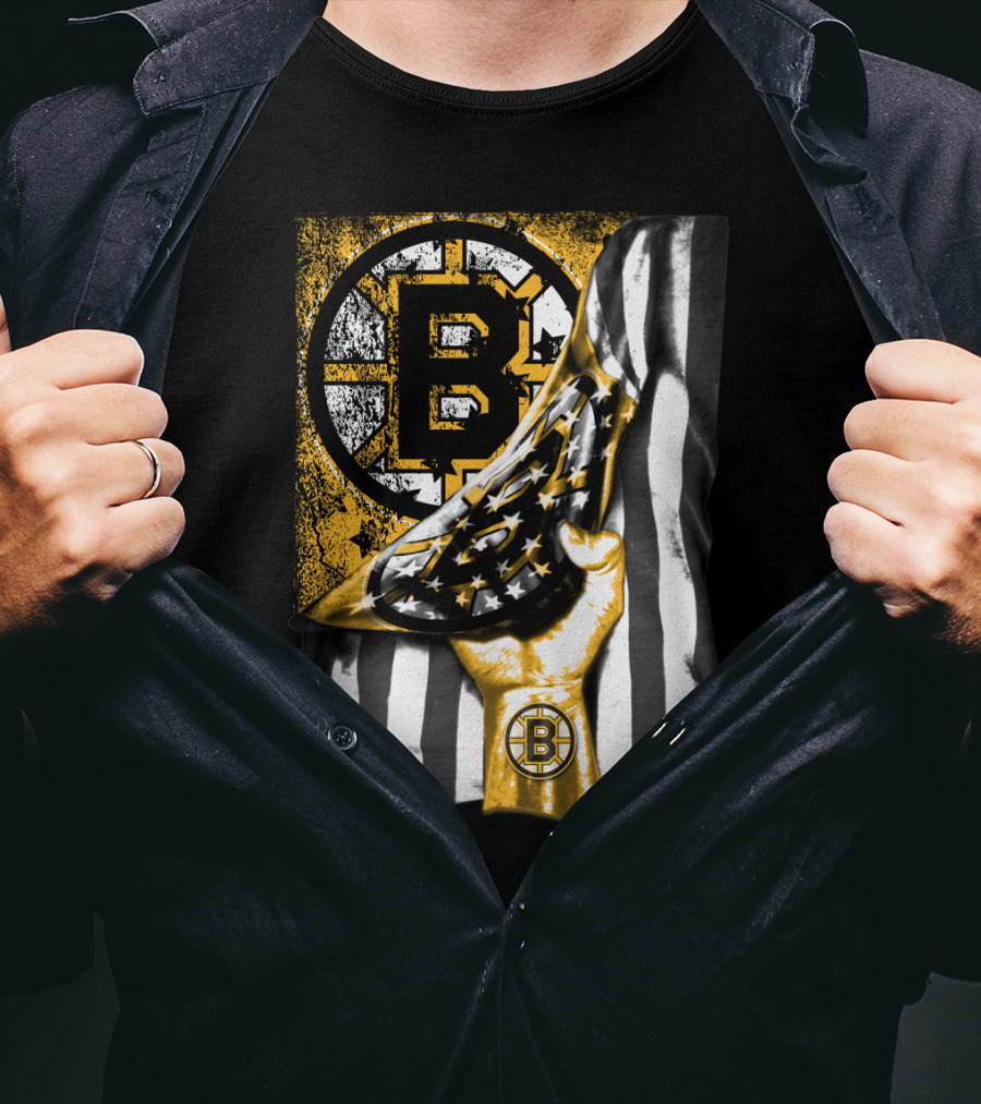 Boston Bruins American Flag Hand Emblem Black And Gold Burst T-Shirt