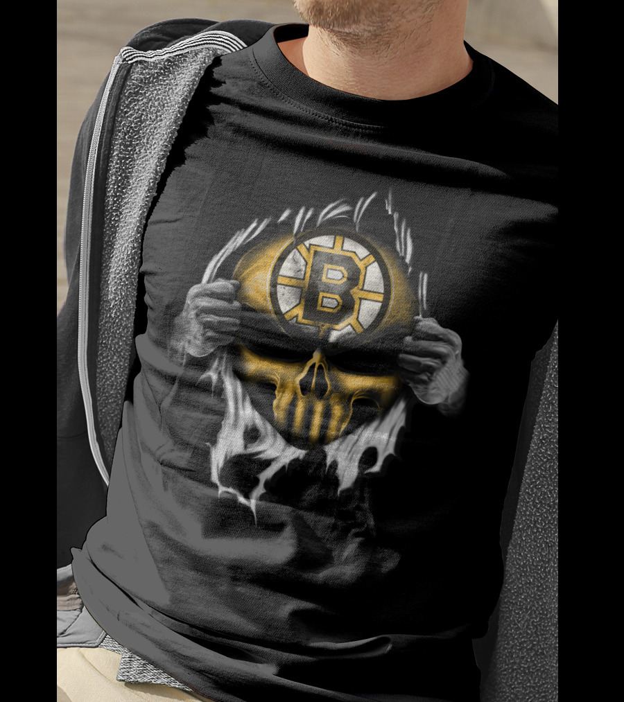 Boston Bruins Skull Logo Ripping Through T-Shirt