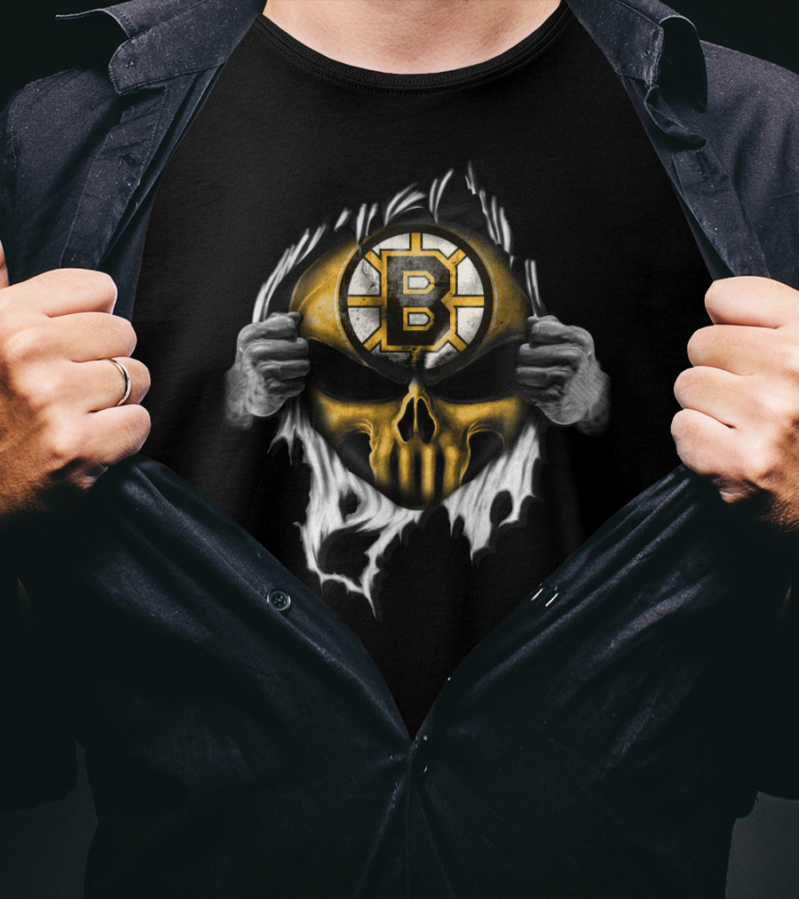Boston Bruins Skull Logo Ripping Through T-Shirt