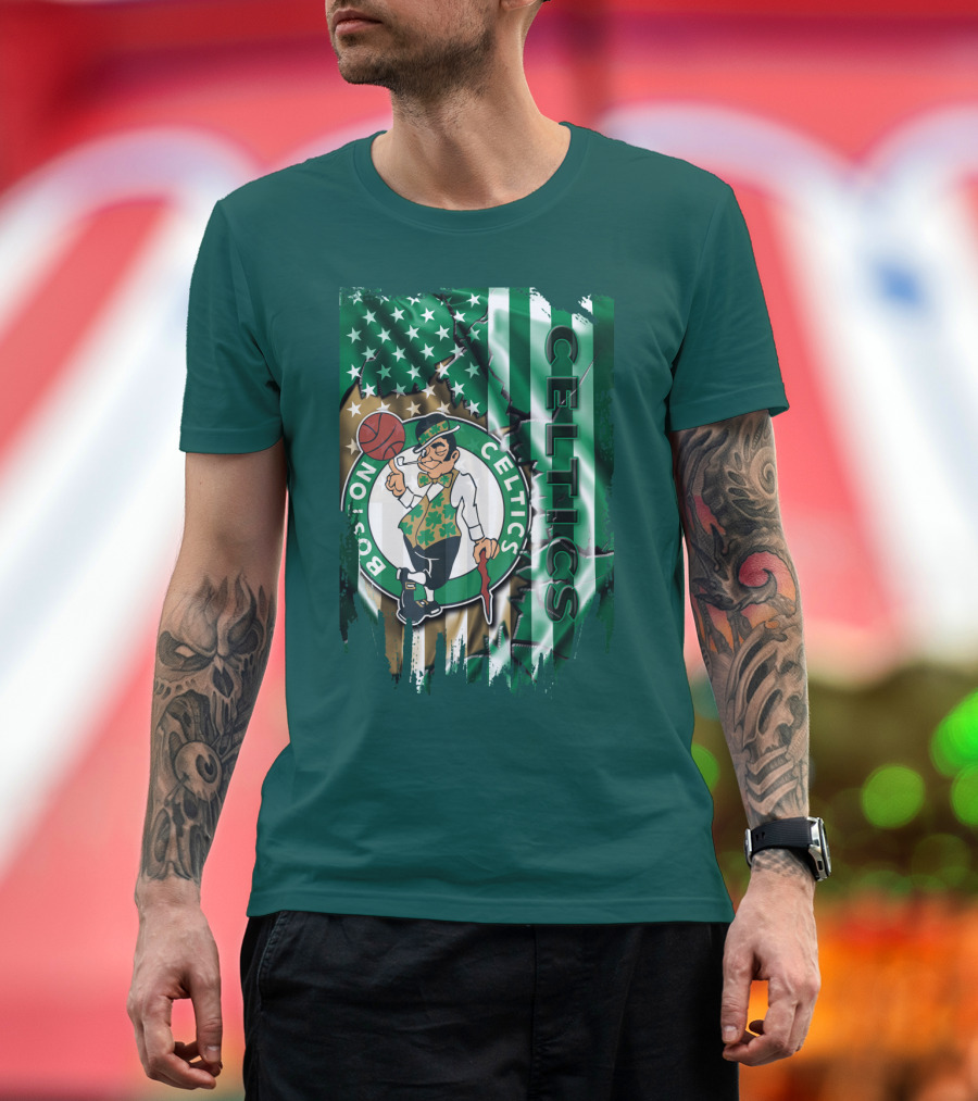 Boston Celtics Shamrock Leprechaun American Flag Basketball T-Shirt