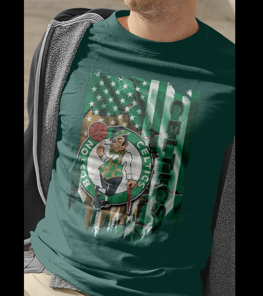 Boston Celtics Shamrock Leprechaun American Flag Basketball T-Shirt