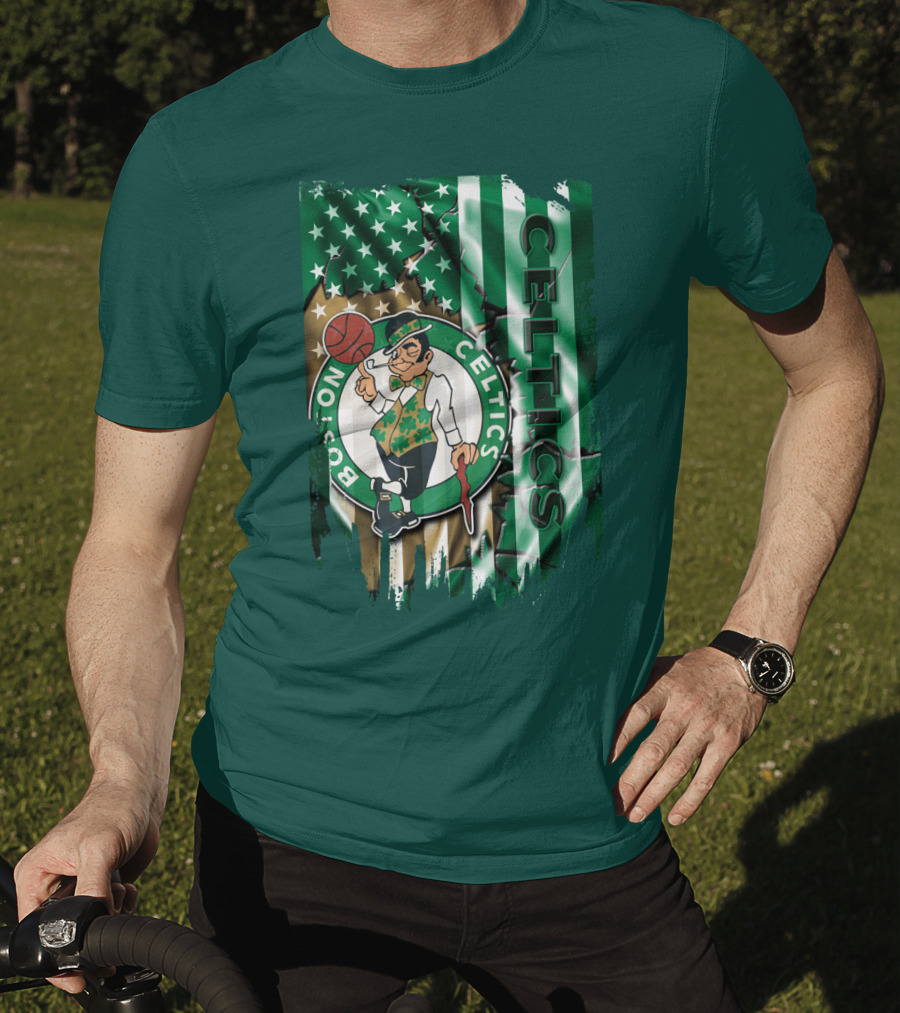 Boston Celtics Shamrock Leprechaun American Flag Basketball T-Shirt
