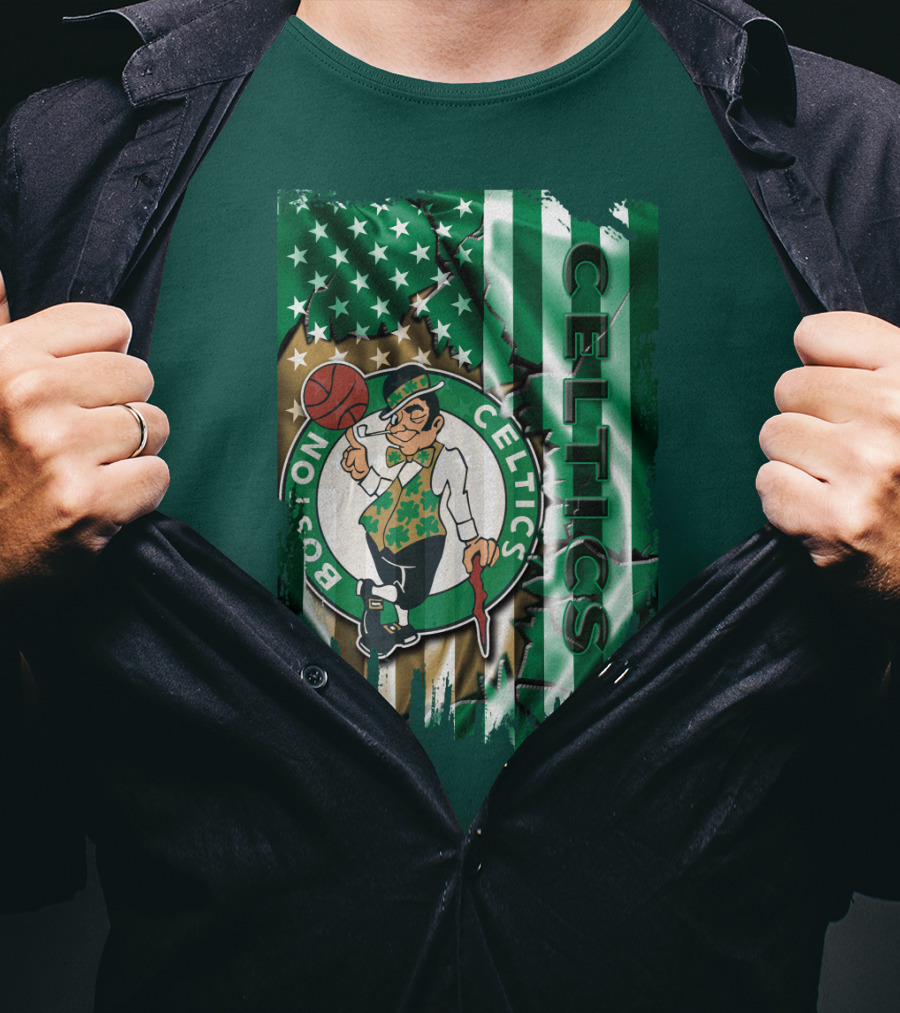 Boston Celtics Shamrock Leprechaun American Flag Basketball T-Shirt