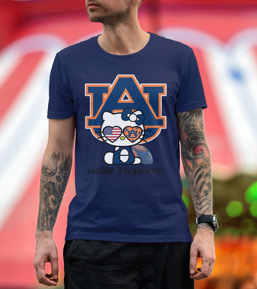 Hello Tigers Auburn Kitty Football American Flag T-Shirt