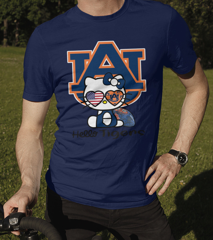 Hello Tigers Auburn Kitty Football American Flag T-Shirt