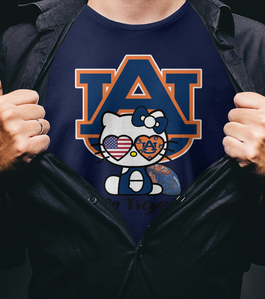 Hello Tigers Auburn Kitty Football American Flag T-Shirt