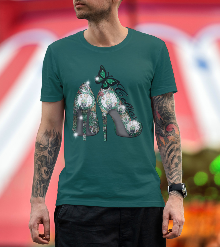 Boston Celtics High Heels With Green Butterfly Sparkle T-Shirt