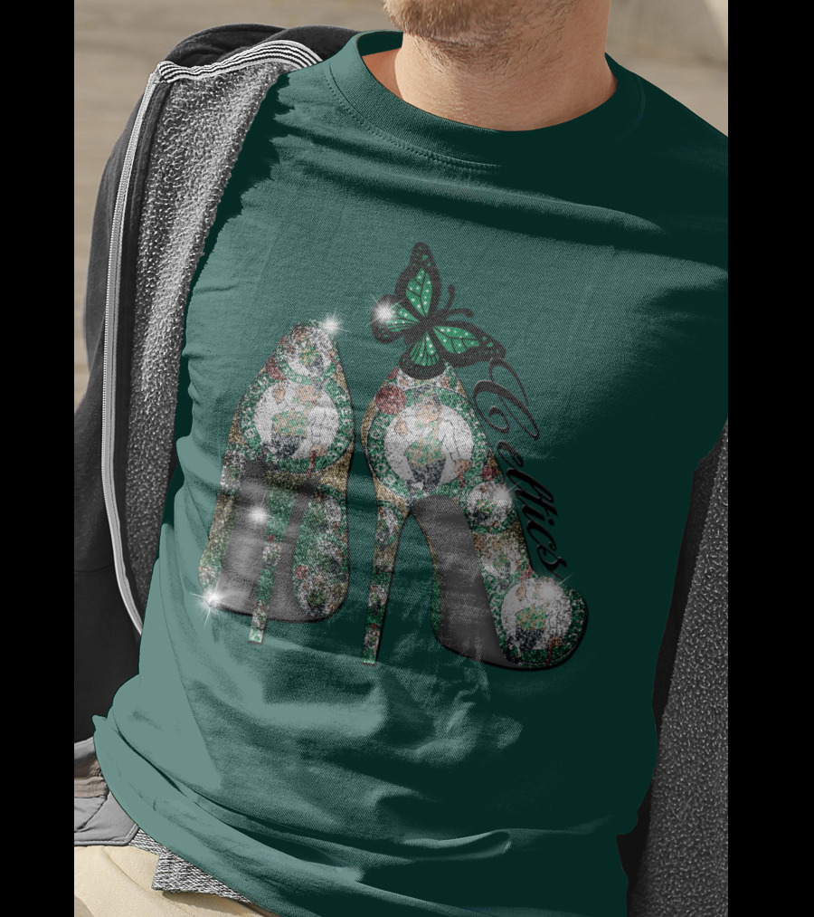 Boston Celtics High Heels With Green Butterfly Sparkle T-Shirt