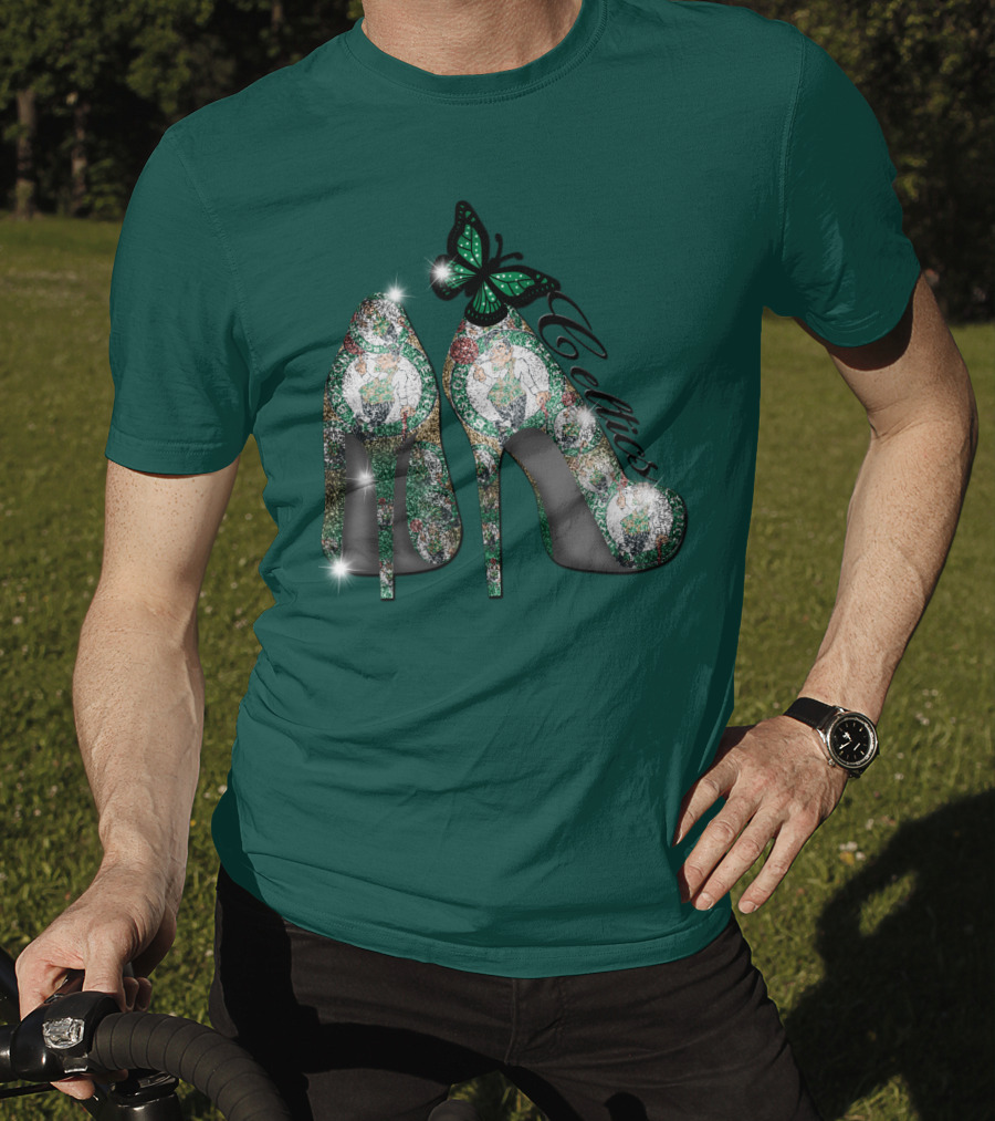 Boston Celtics High Heels With Green Butterfly Sparkle T-Shirt