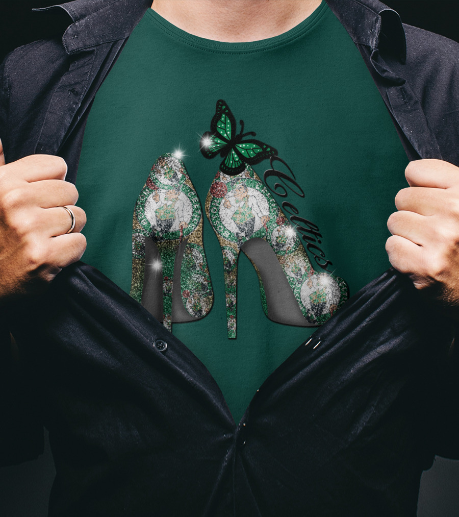 Boston Celtics High Heels With Green Butterfly Sparkle T-Shirt