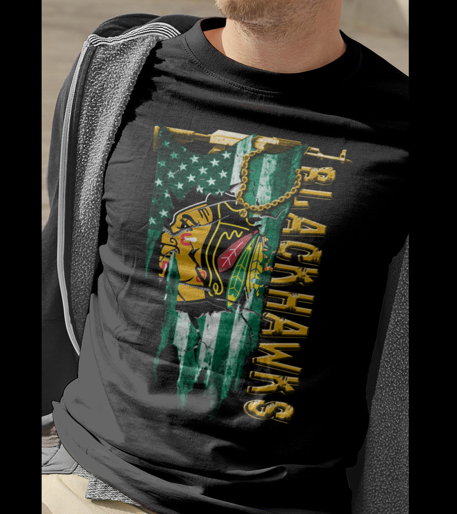 Blackhawks American Flag Style Tee T-Shirt