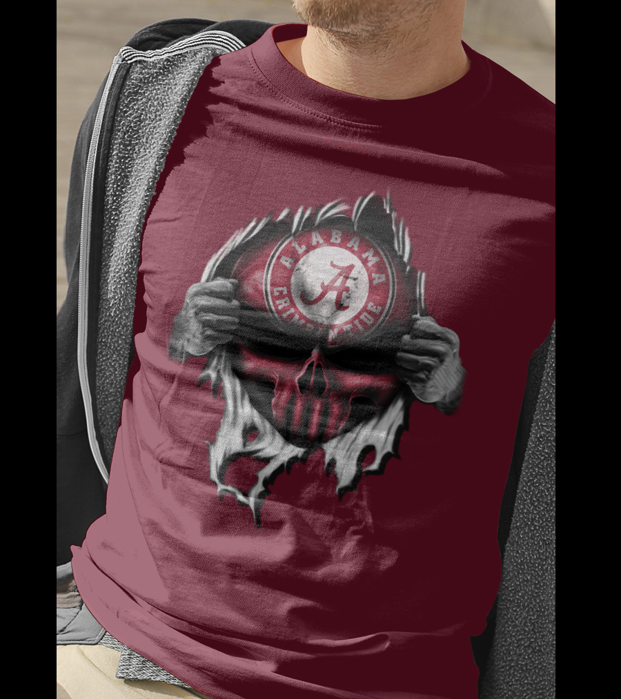 Alabama Crimson Tide Skull Emblem With Red And White Torn Fabric Effect T-Shirt